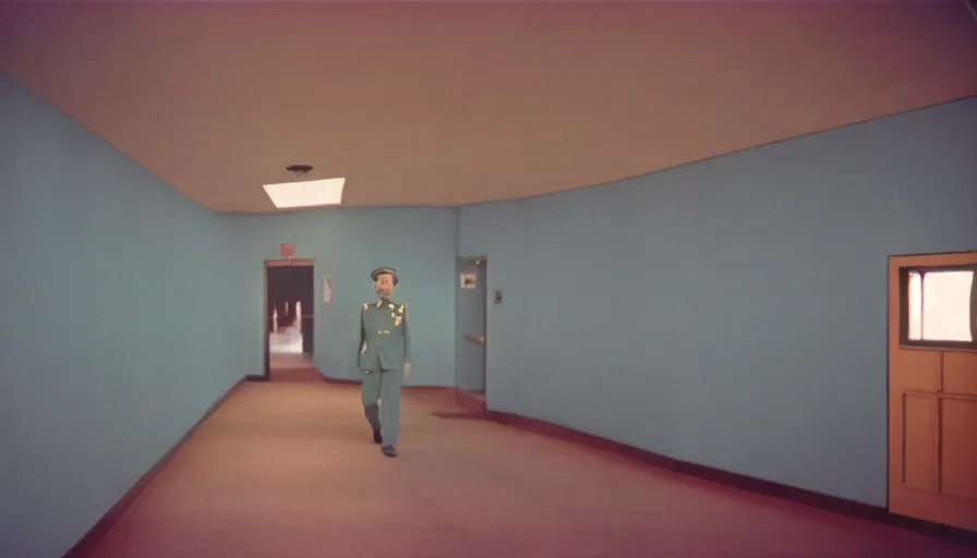 Prompt: 60s movie still of a sovietic stalinist style empty light blue parliement, cinestill 800t 50mm eastmancolor, liminal Space style, heavy grain-s 150