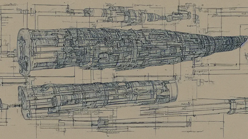 Prompt: ancient blueprint of a lightsaber