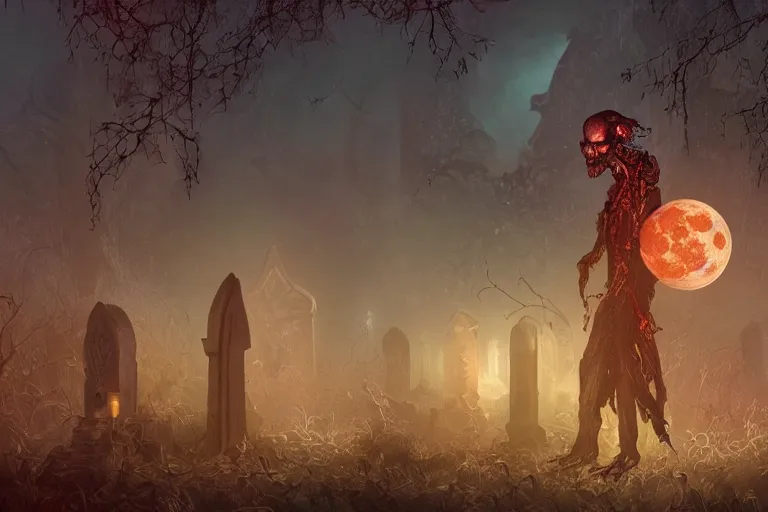 Image similar to an ultra detailed animation of a glowing ghoul in a graveyard at midnight on halloween, digital art, dark fantasy, concept art, soulslike, by alphonse mucha, blood moon eclipse, ruined building in the background, artstation, 8 k, unreal engine render