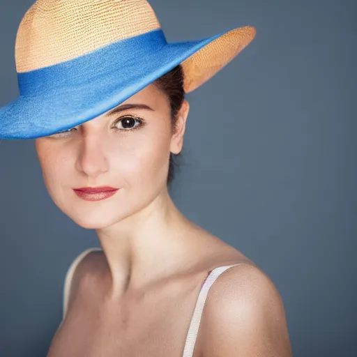 Image similar to a close up photo portrait of a beautiful italian woman wearing a tesseract silk hat, studio lighting, guggenheim, 4 k
