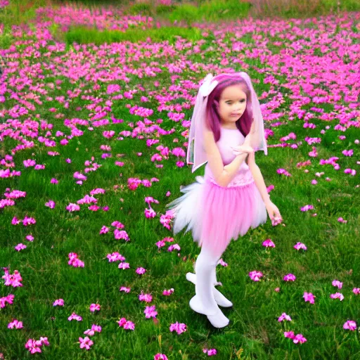 Prompt: a young girl dressed up as fairy in front of some pink flowers