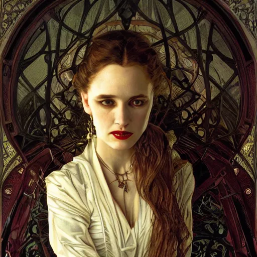 Image similar to portrait of a lady vampire, 35mm, victorian, depth of field, ominous, sharp, highly detailed, photorealistic, realistic, unreal 5, high definition, 8k, deviantart, donato giancola, irwin penn, Alphonse Mucha