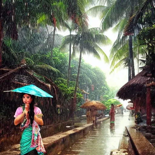 Image similar to monsoon on tropical island, attractive oriental woman, ornate, beautiful, atmosphere, vibe, mist, coconuts, rain, wet, pristine, puddles, melting, dripping, snow, creek, lush, ice, bridge, forest, roses, flowers, by stanley artgerm lau, greg rutkowski, thomas kindkade, alphonse mucha, loish, norman rockwell