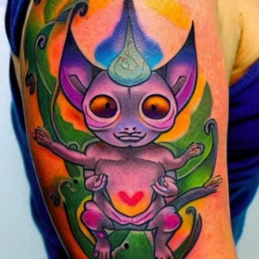 Prompt: shoulder tattoo of a multicolored meditating cute bush baby, eyes are sparkeling rainbow spirals, glowing chakra symbols, surrounded with colorful lotus leaves, insanely integrate
