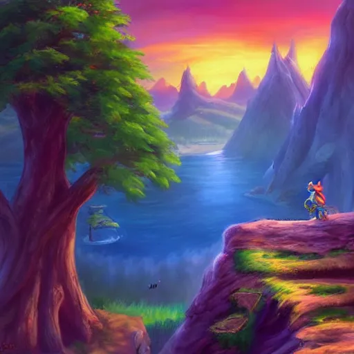 Image similar to zelda ocarina of time landscape, oil painting, beautiful, disney, pixar, artgerm