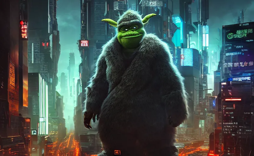 Image similar to cyberpunk godzilla yoda donkey kong pikachu yeti shrek super robot homer groot waluigi darth vader mike wazowski, highly detailed, extremely high quality, hd, 4 k, 8 k, professional photographer, 4 0 mp, lifelike, top - rated, award winning, cinematic, realistic, detailed lighting, detailed shadows, sharp, no blur, edited, corrected, trending