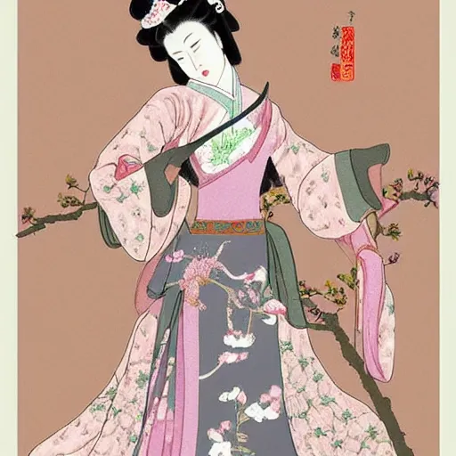 Prompt: a beautiful princess in Chinese tang Dynasty style with peony, muted tones, fashion illustration, by wataboku