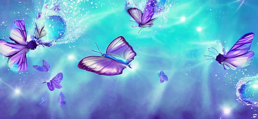 Prompt: ethereal! pale blue butterflies comercial hd underwater bubbles! photography shining digital art animation rainbow light 3 d