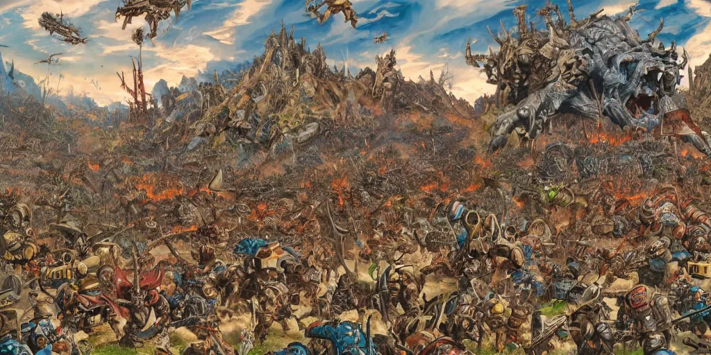 Prompt: Warhammer Original Artwork depicting a large battlescene at dusk by Geof Darrow and Peter Paul Rubens, Sprawling battlefeild of death with monsters and creatures, Full frame,dappled light,Retro Futurism,Studio Ghibli,Anime