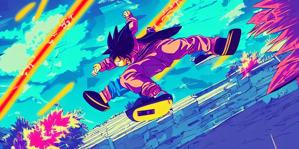 Prompt: vaporwave, vector graphics, synthwave, neon, son goku snowboarding