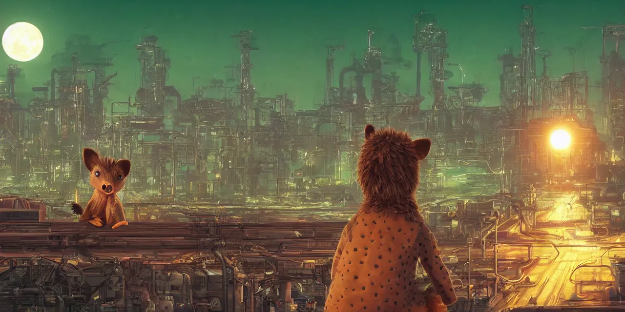 Image similar to a professional portrait, of an anthropomorphic brown hedgehog sitting outside of a cyberpunk academy, factories and power plants in the background, big moon in background, green smoggy sky, cinematic lighting, metal towers and sewers, holograms, artstation, omni magazine,