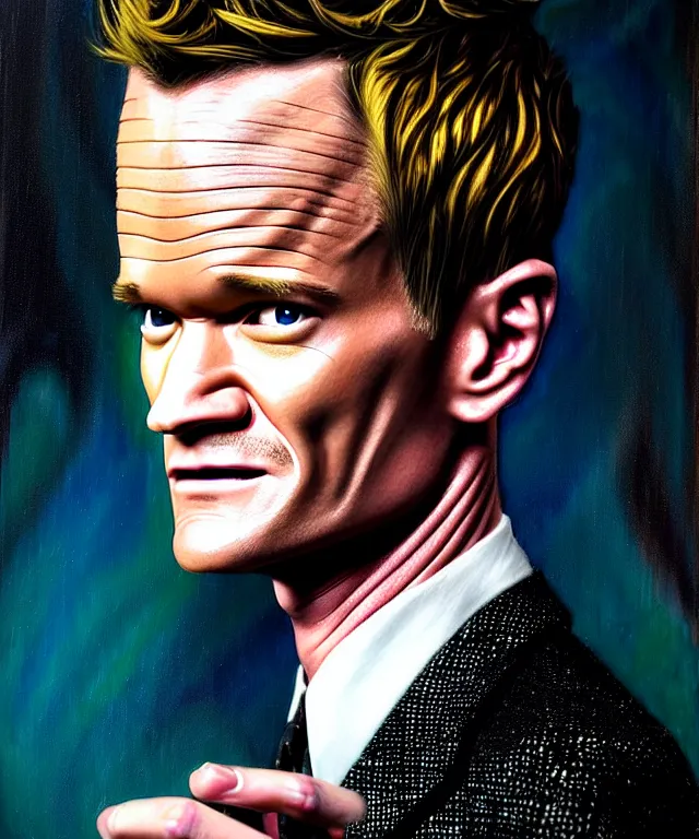 Image similar to hyperrealistic mixed media painting of Neil Patrick Harris as a jazz musician, dimly lit 1920s speakeasy, stunning 3d render inspired art by P. Craig Russell and Barry Windsor-Smith + perfect facial symmetry + dim volumetric lighting, 8k octane beautifully detailed render, post-processing, extremely hyperdetailed, intricate, epic composition, grim yet sparkling atmosphere, cinematic lighting + masterpiece, trending on artstation, very very detailed, masterpiece, stunning