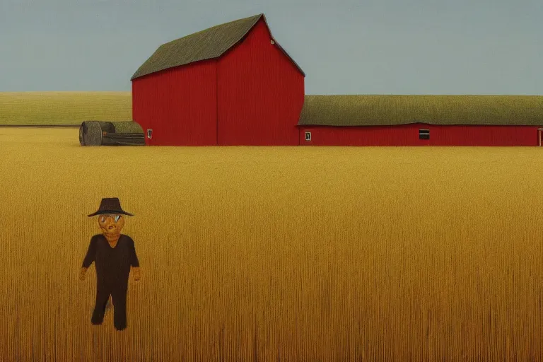 Image similar to a wheat field with a scarecrow and a barn artwork by tim eitel