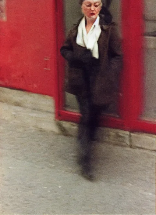 Image similar to portrait, blurry, street photography by saul leiter, red, pale