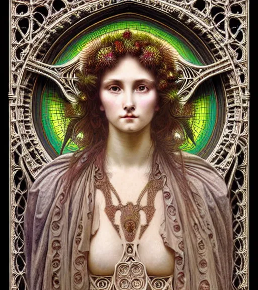 Image similar to hyperrealistic detailed face portrait of a beautiful young goddess morphing into a gothic cathedral, authentic ornamental architecture, intricate and highly detailed, awe inspiring art by ernst haeckel, h. r. giger, alphonso mucha, android jones, james jean, gothic, neo - gothic, heavily ornamental, nice deep colours,