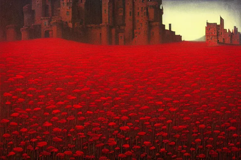 Image similar to only with red, red flowers of different types, a red tiger, a castle in the background, medieval demons dance over the flowers, an ancient path, in the style of beksinski, part by hopper, part by rodcenko, part by hofbauer, intricate composition, red by caravaggio, insanely quality, highly detailed, masterpiece, red light, artstation