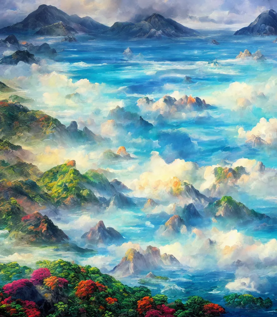 Image similar to a Breathtakingly enchanted landscape with Tropical islands in a colourful ocean and magnificent msystic volcanoes in the background, that are slightly obscured by magical mist in the style of Ken Hong Leung, artstudio, impasto oil painting, high fidelity, fine-grained, charcoal line art