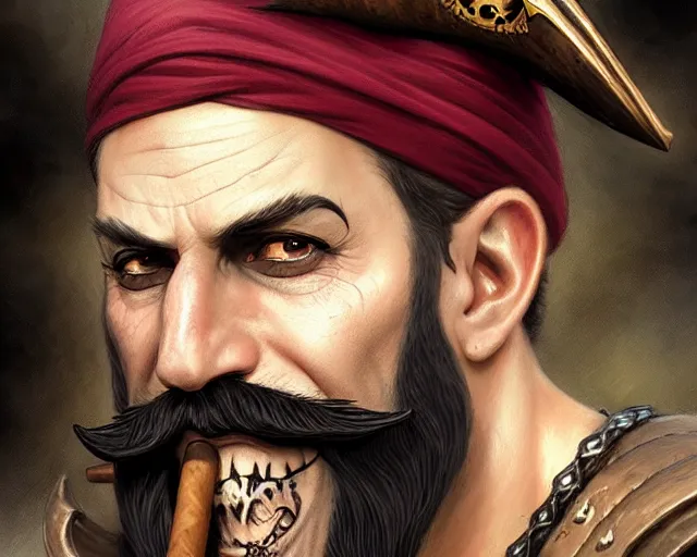 Prompt: close up of a pirate face, beard, cigar, smirk, black hair, face tattoo, deep focus, d & d, fantasy, intricate, elegant, highly detailed, digital painting, artstation, concept art, matte, sharp focus, illustration, hearthstone, art by artgerm and greg rutkowski and alphonse mucha