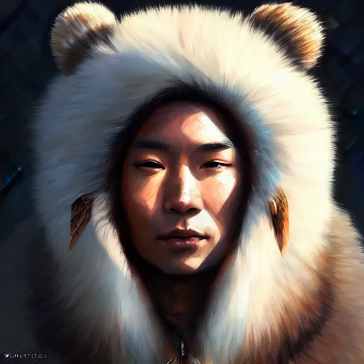 Image similar to anime portrait of a American native shaman wearing a bear fur by Stanley Artgerm Lau, WLOP, Rossdraws, James Jean, Andrei Riabovitchev, Marc Simonetti, and Sakimichan, trending on artstation