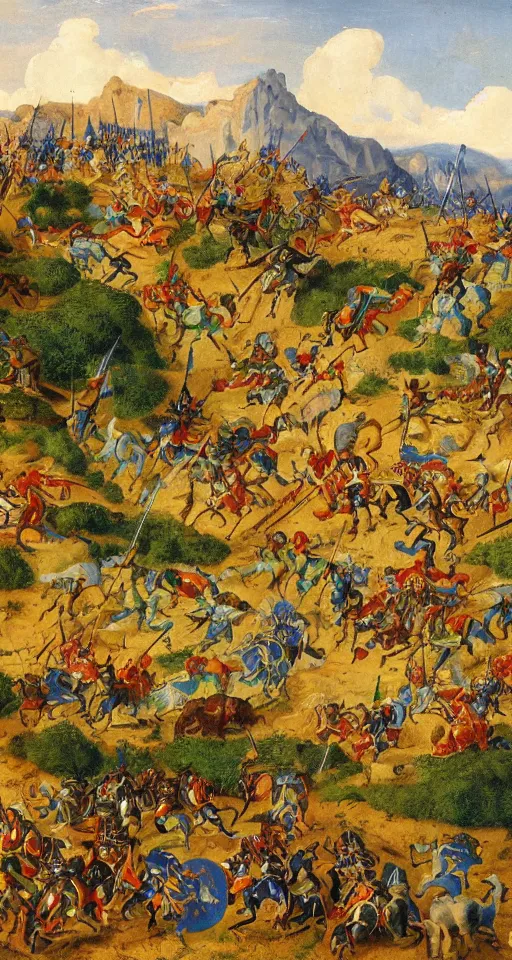 Image similar to colorful simple wideshot of a small medieval battle in front of a beautiful large blue mountainscape, painting