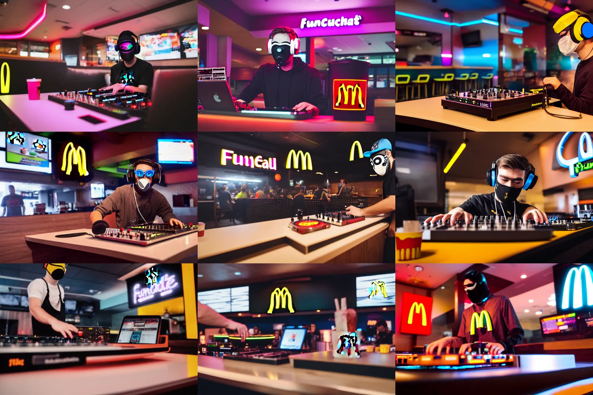 Prompt: photograph of Funtcase DJing at a McDonalds, Funcase is wearing his mask, 8K resolution, high detail