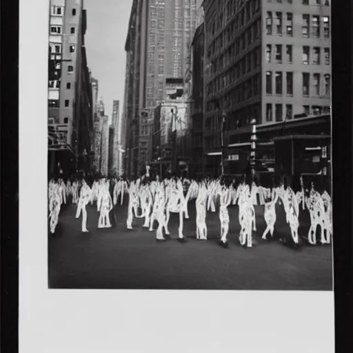 Prompt: wide-shot low-angle photo of empty!!! animated walking ghostly people (((heads))) at the street in New York, polaroid photo, by Andy Warhol, signed