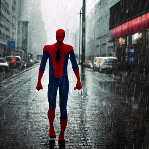 Image similar to Spiderman standing under rain with,mellow , dramatic, sad ambience. Heroic scene , 4k