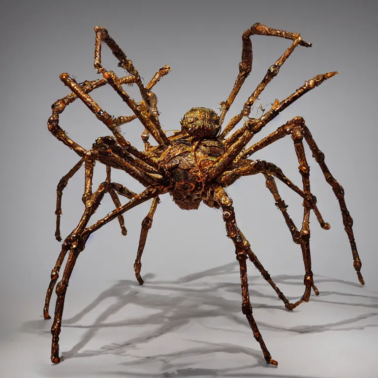 Image similar to hyperrealistic sculpture of a bronze fossilized spider crab in a cage made of colorful plastic wire on a pedestal by ron mueck and duane hanson and lee bontecou, hyperrealistic dramatic colored lighting trending on artstation 8 k