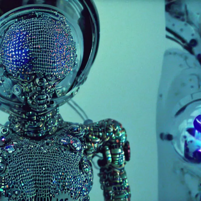 Image similar to a cybernetic symbiosis of a single astronaut mech-organic eva suit made of pearlescent wearing knitted shiny ceramic multi colored yarn thread infected with diamond 3d fractal lace iridescent bubble 3d skin dotted covered with orb stalks of insectoid compound eye camera lenses floats through the living room, film still from the movie directed by Denis Villeneuve with art direction by Salvador Dalí, wide lens,kevlar,carbon fiber,ceramics,gaseous materials,