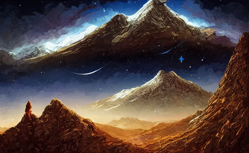 Prompt: mountains, stars and paisley filled sky, artstation, intricate, highly detailed, digital painting, concept art, sharp focus, illustration by Enki Bilal and Megan Duncanson