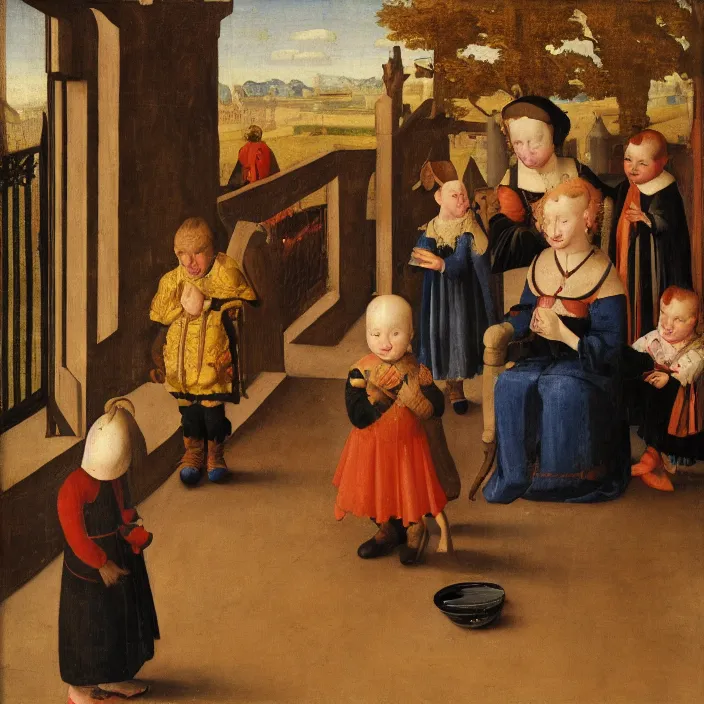 Image similar to a goblin child sitting alone watching children play, early netherlandish painting,