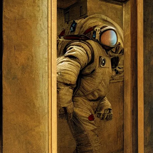 Image similar to photo - realism, space astronaut opening door that shows space and time created by leonardo davinci with extra detail, epic.