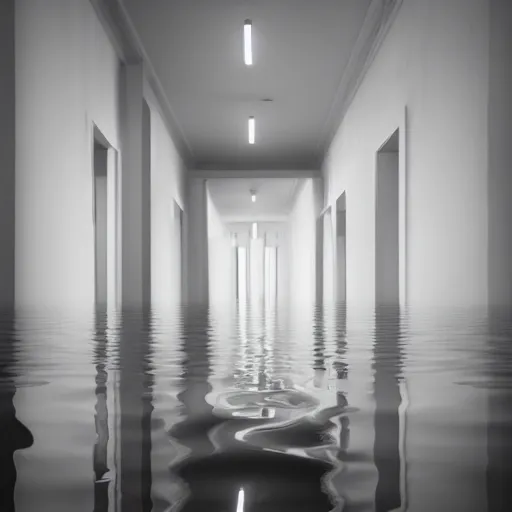 Image similar to flooded all white room, dim lights, surreal, liminal space,