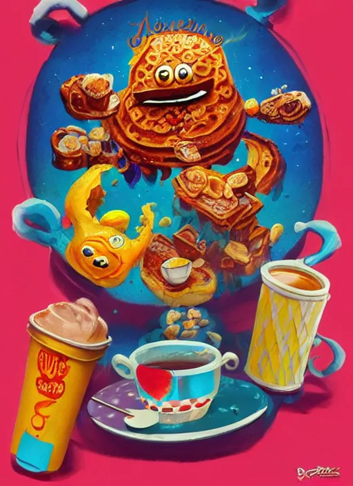 Image similar to good morning pancake and coffee monsters , breakfast monster ,doughnuts, cereal, waffles, colorful, digital art, fantasy, magic, trending on artstation, ultra detailed, professional illustration,chalk, poster artwork by Basil Gogos , clean