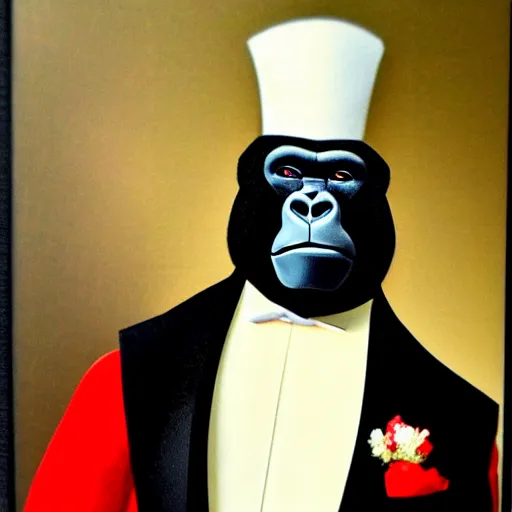 Prompt: a gorilla wearing a nice white tuxedo wearing a red tie, neoclassicism, 8 k, clear, coherent,