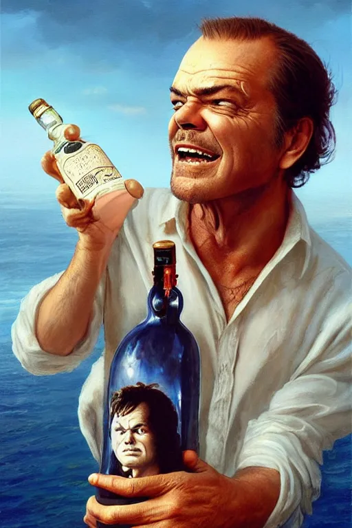 Prompt: a message in a bottle but instead of a ship it is a young jack nicholson in the bottle, jack nicholson, fancy whiskey bottle, masterpiece painting by artgerm and tom bagshaw and boris vallejo and frank frazetta