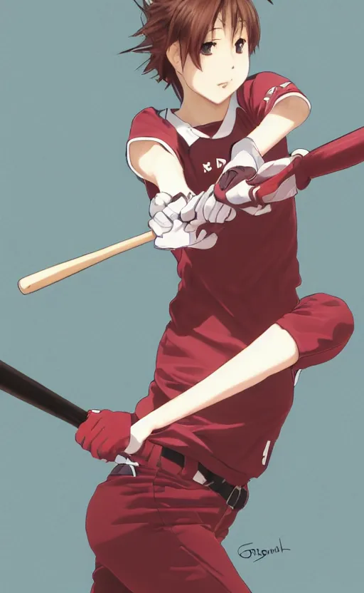 Prompt: anime style, female baseball player, red sport clothing, baseball bat, launching a straight ball, brown short hair, hair down, symmetrical facial features, from arknights, hyper realistic, rule of thirds, extreme detail, 4 k drawing, safebooru, realistic lighting, by alphonse mucha, greg rutkowski, sharp focus, backlit