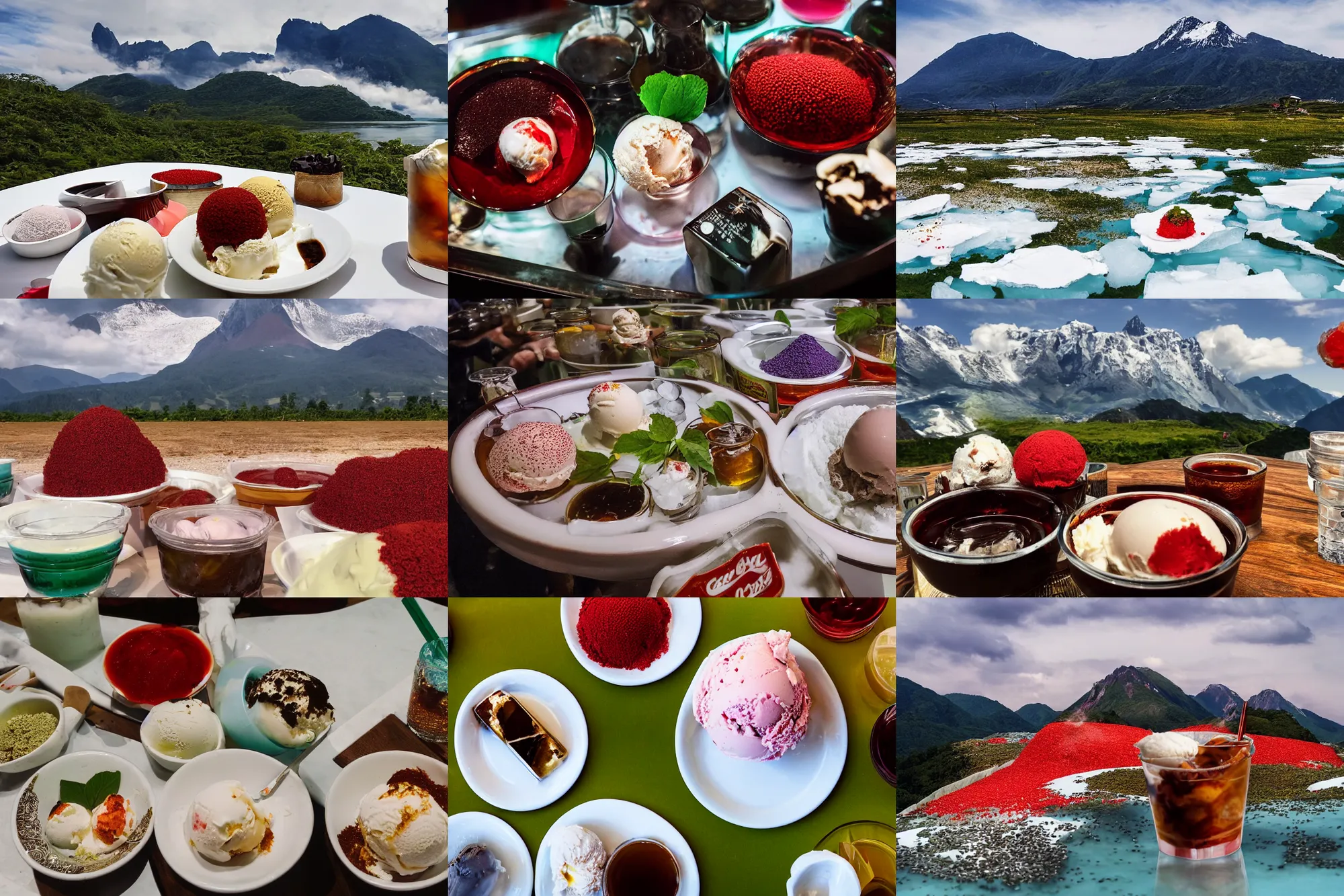 Prompt: a large island of red caviar and ice cream in the center of which there are mountains with ice cream ( green house ingredient sdn bhd ), instead of coca cola water ( barley tea - boricha or mugicha, salt lakritssglass med bjornbar 2, brown water, cold brew coffee ), no restaurant