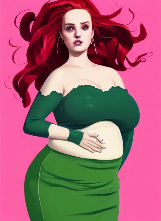 Image similar to full body portrait of teenage cheryl blossom, obese, bangs, green eyes, sultry, realistic, red hair, sultry smirk, wavy hair, pink skirt, fat, intricate, elegant, glowing lights, highly detailed, digital painting, artstation, concept art, smooth, sharp focus, illustration, art by wlop, mars ravelo and greg rutkowski