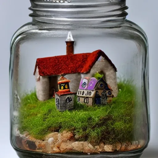 Image similar to photo of a tiny gnome village in a jar.