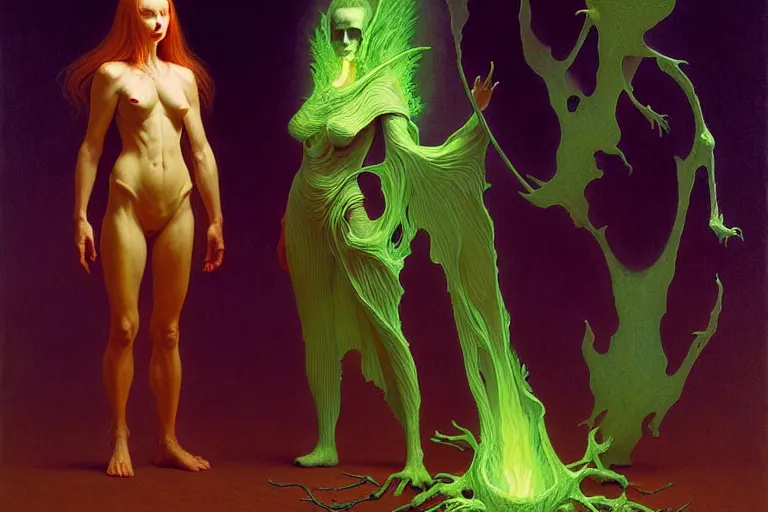 Prompt: the female arcanist and the male artificer by zacharias aagaard and albert bierstadt and gerald brom and zdzisław beksinski and james gilleard and wayne barlowe and marc simonetti, beautiful, flesh robes, highly detailed, hyperrealistic, intricate, energy, electricity, blue flame, low light, green crystal, high contrast, submission