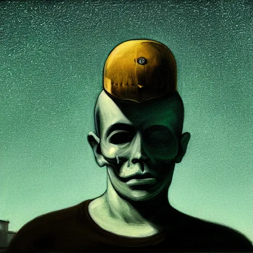 Prompt: a portrait of a lonely man with a skull as his head, green dramatic and cinematic light from the streetlight, the background is the sky full of stars, in the style of edward hopper, 4 k,