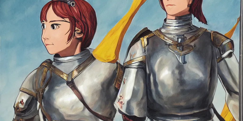 Image similar to An epic fantastic realism comic book style painting of a medieval woman ship pilot, wearing shiny breastplate, ship at sea, Kimi no Na Wa, dynamic lighting