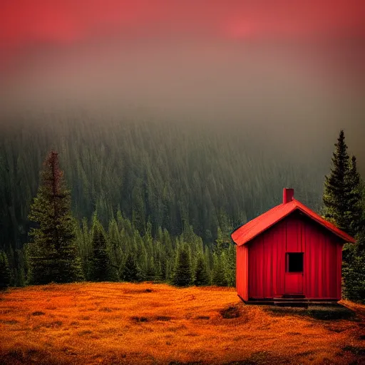 Image similar to stunning photo of landscape with an red cabin on a mountain by mikko lagerstedt