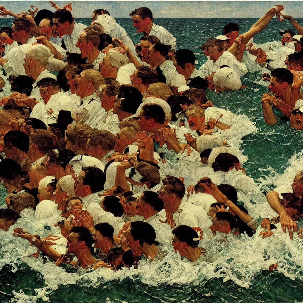 Prompt: the pandemonium of the sea becomes the man, oil on canvas, by norman rockwell