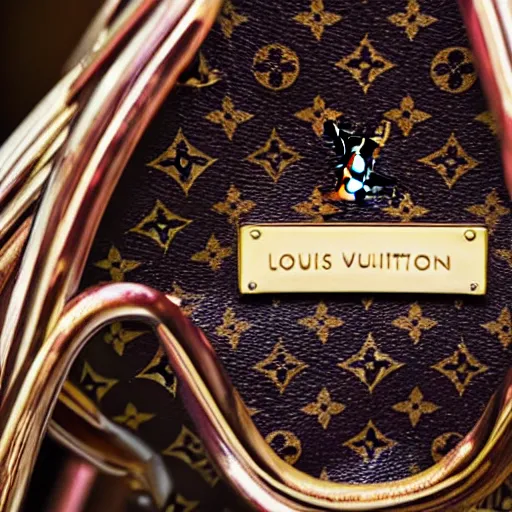 Image similar to close up of a louis vuitton handbag in year 3000, avant-garde, art-deco style, in entrance hall of an art-deco skyscaper, photography , official vuitton editorial , highly detailed