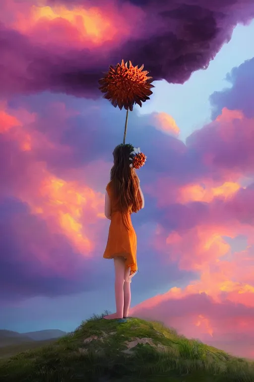 Image similar to closeup giant dahlia flower crown as head, girl standing on mountain, surreal photography, blue storm clouds, dramatic light, impressionist painting, digital painting, artstation, simon stalenhag