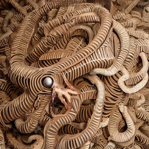 Image similar to tentacles made of brown corrugated cardboard, cut out of cardboard, realistic photography, fantasy