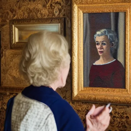 Image similar to old woman staring at a painting of herself as a young woman