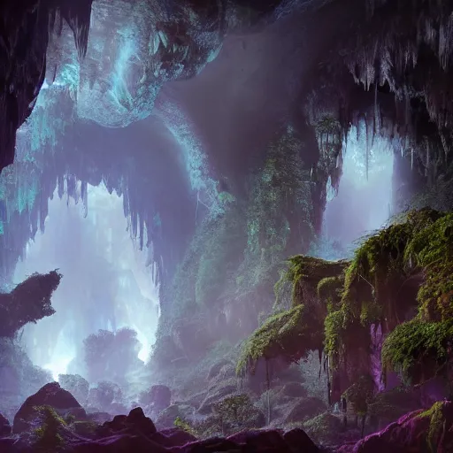 Image similar to photo an overgrown deep underground cave on another world embellished with a lush overgrown jungle of beautiful ancient alien trees, alien elvish cave village, scattered complex ancient monoliths emitting cosmic astral energy, nebula fog and cosmic mist, 4 k rtx hdr volume light concept studio matte painting environment octane, ue 5, photorealistic render trending on artstation by eytan zana